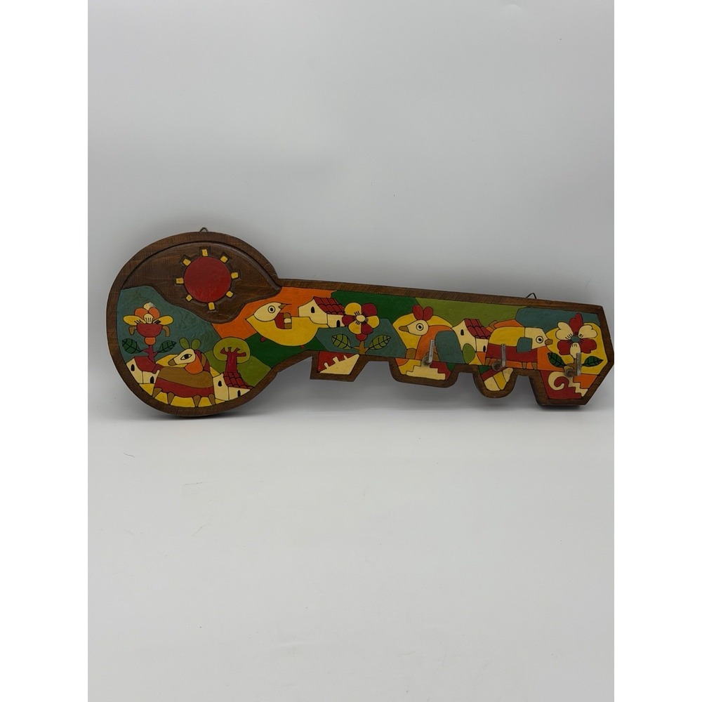 Artesanias El Roble El Salvador Hand Painted Wooden Key Holder Hook Folk Art